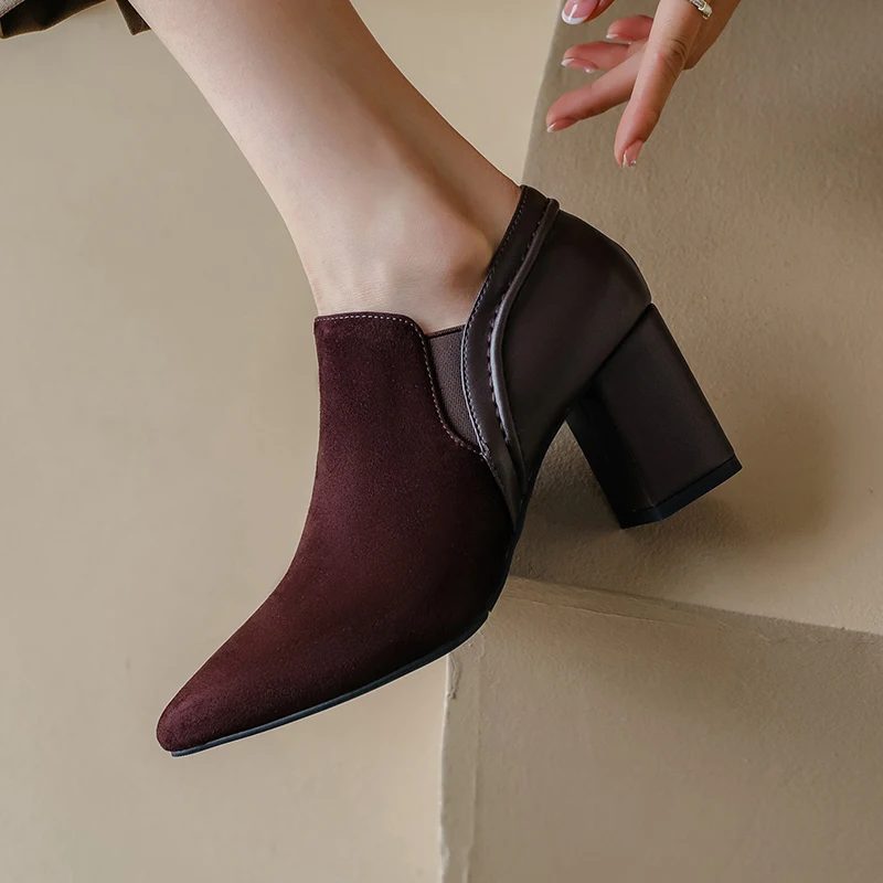 

2023 spring women pumps natural leather 22-24.5cm length sheepskin suede+cowhide+pigskin full leather pointed toe high heels