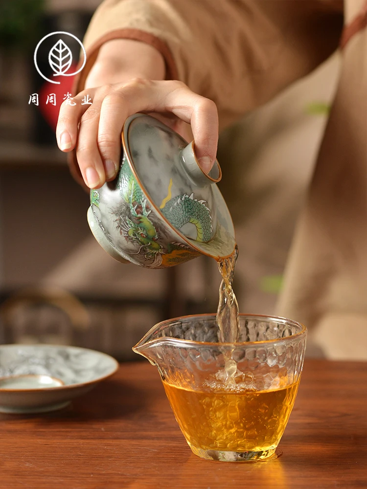 Цзиндэчжэнь Gaiwan старая глина чернила цветной узор дракона керамическая для дома