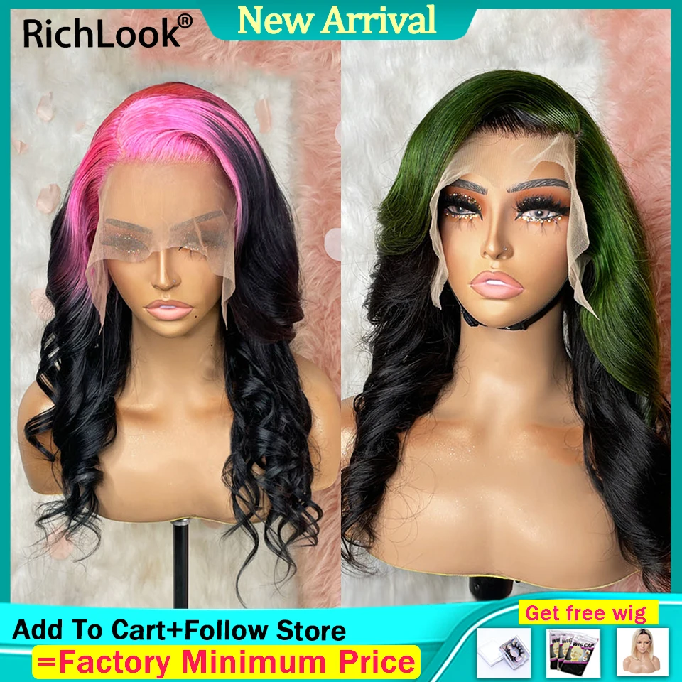 

Natural Ombre Pink Green Colored Human Hair Lace Frontal Wigs For Women Loose Body Wave 13x4 Swiss Lace Front Wig Invisible Knot