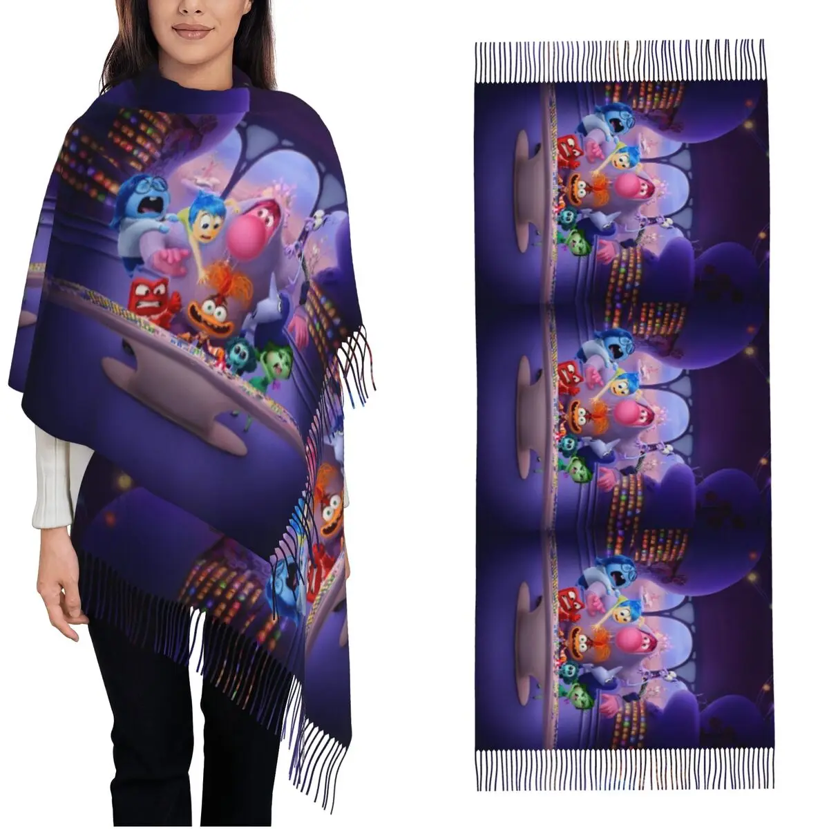 Women's Tassel Scarf Inside Out Emotions Group Large Super Soft Shawl and Wrap Cartoon Anime Anxiety Gifts Cashmere