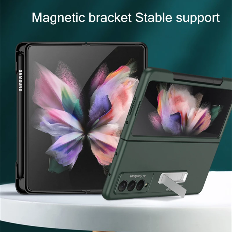 magnetic kickstand pen holder slot case for samsung galaxy z fold 3 case with mobile phone stylus pen matte hard pc cover free global shipping