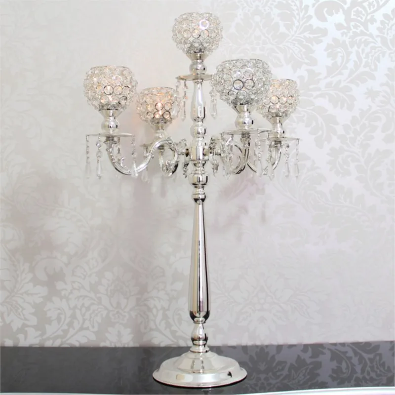 

76cm Tall 5-arms Silver candelabras with crystal pendals,wedding crystal candle holder wedding centerpiece