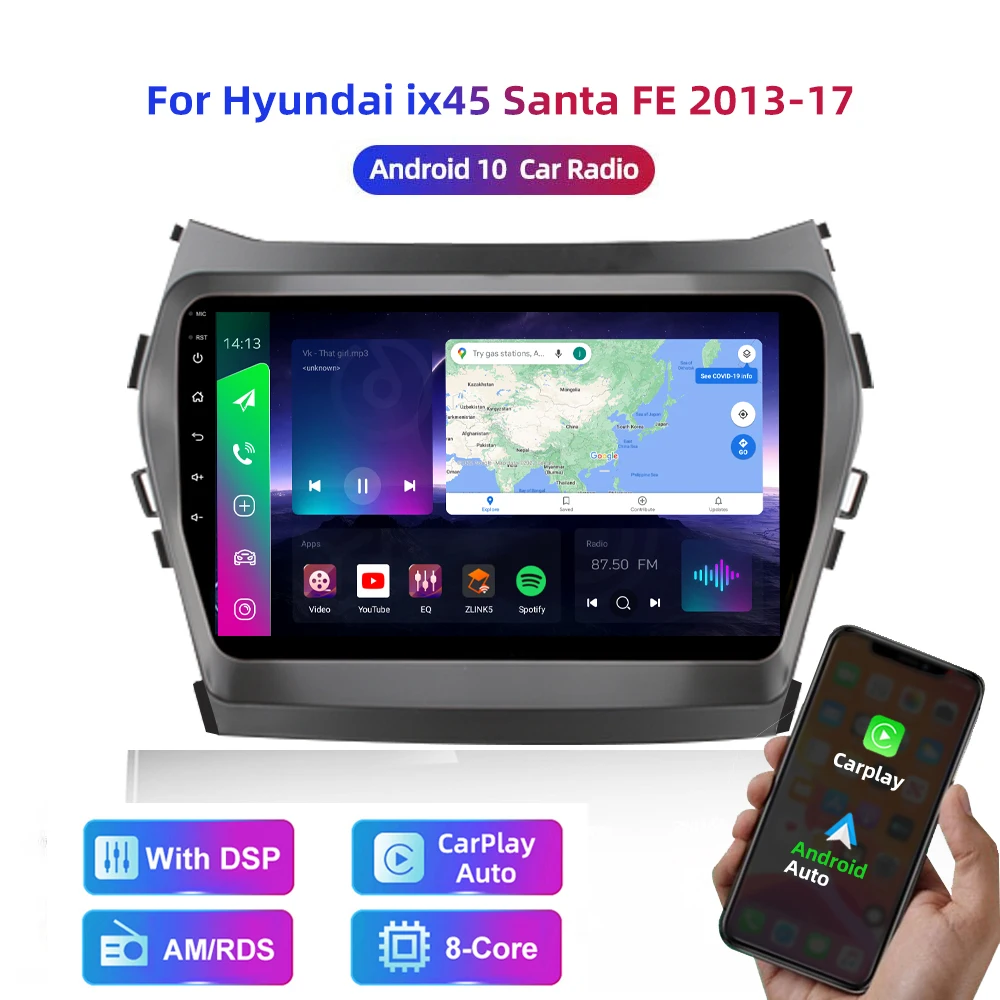 HD multimedia 9 inch car stereo radio android player with carplay/auto 4G AM/RDS/DSP for Hyundai ix45 Santa FE 2013-17