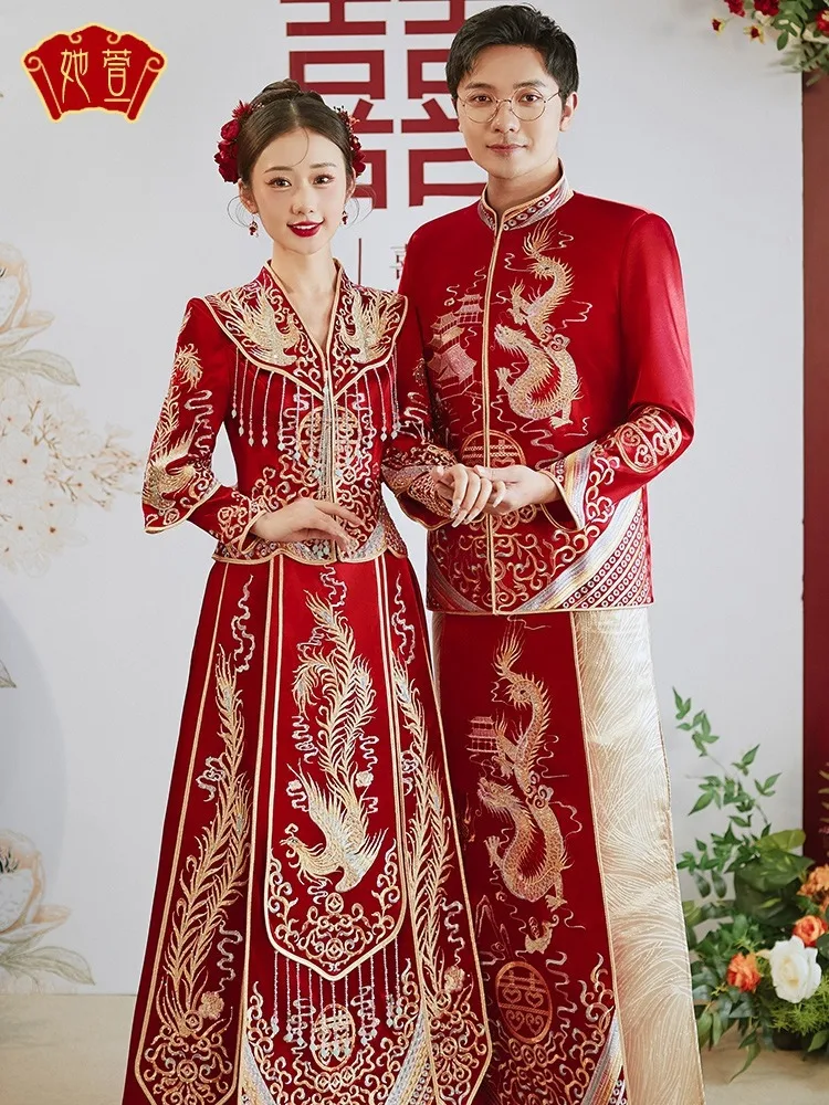 Chinese Style Wedding Dress Traditional Couple Cheongsam Vintage Red Dragon Phoenix Embroidery Dress Qipao