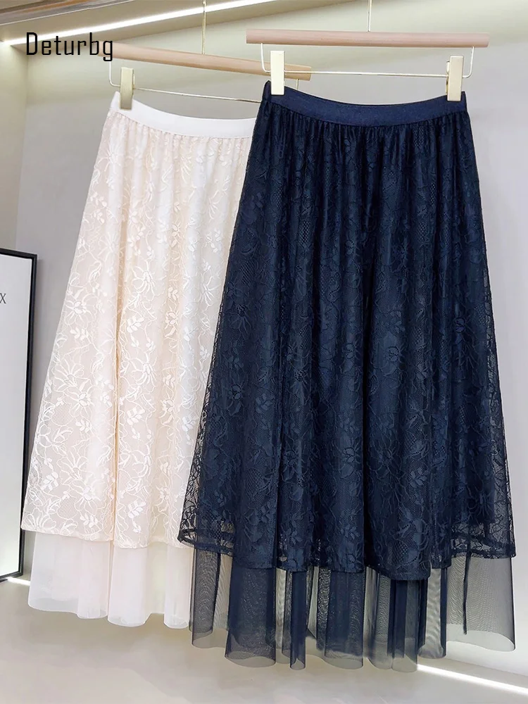 

Женская Базовая юбка с разрезами спереди, трапециевидная юбка с высокой талией и цветочным кружевом, плиссированная юбка в Корейском стиле,...