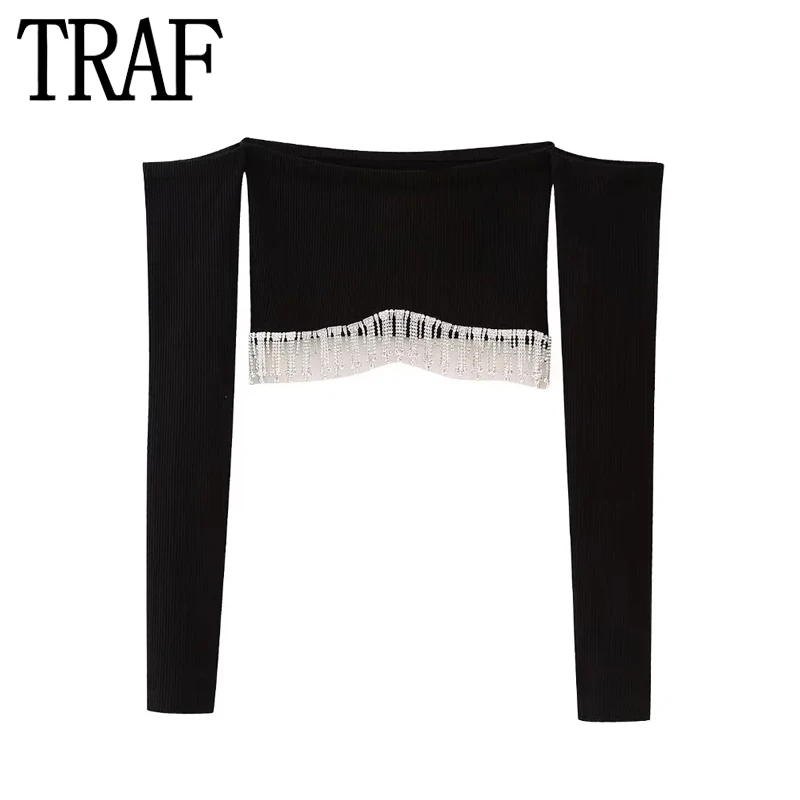 Топ женский летний с открытыми плечами, кисточками и длинным рукавом