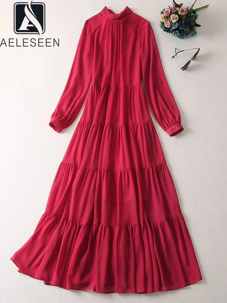 

AELESEEN Designer Fashion Women Dress Spring New Turtleneck Lantern Sleeve Rose Red Bow Elegant Maxi Party Vacation