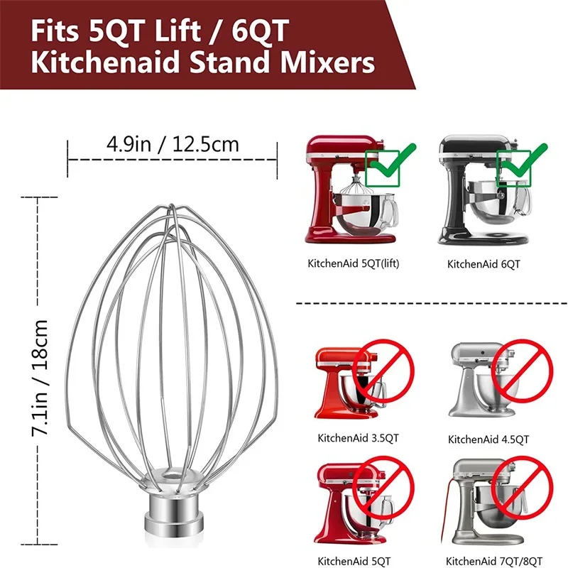 

5Q 6Q Wire Whip Attachment for Tilt-Head Stand Mixer for KitchenAid Stainless Steel Egg Cream Stirrer, Flour Cake Balloon Whisk