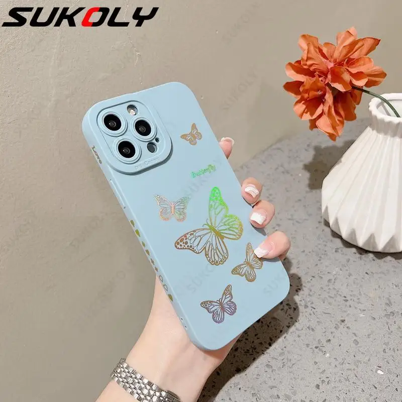 

For iPhone 13 12 11 Pro Max XS Max XR X 7 8 Plus SE 2022 Bronzing Butterfly Silicone Case Shockproof Love Bumper Back Cover