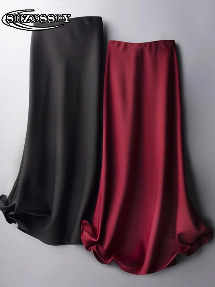 Юбка женская шелковая атласная средней длины элегантная офисная однотонная