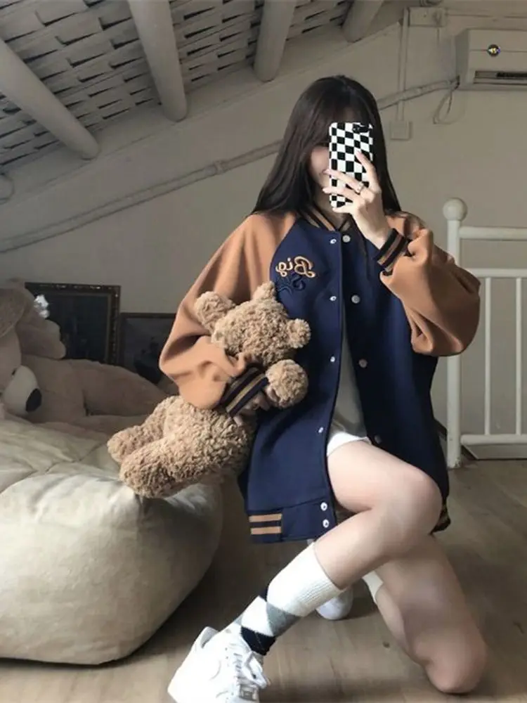 

Patchwork baseball jacket women oversized varsity jacket 2022 autumn winter Korean fashion preppy style casual loose cardigan