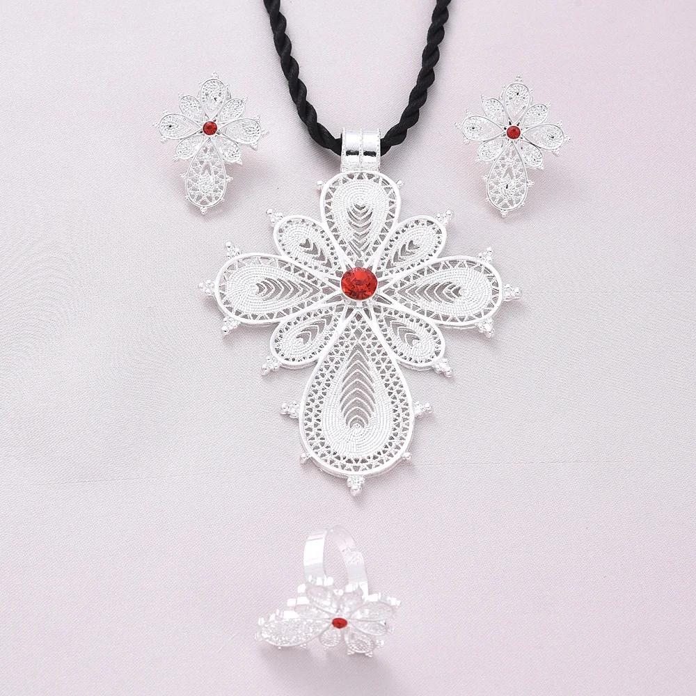 

Ethiopian Silver Color Cross Necklace Earring Ring African Bridal Jewellery Set Habesha Party Jewelry