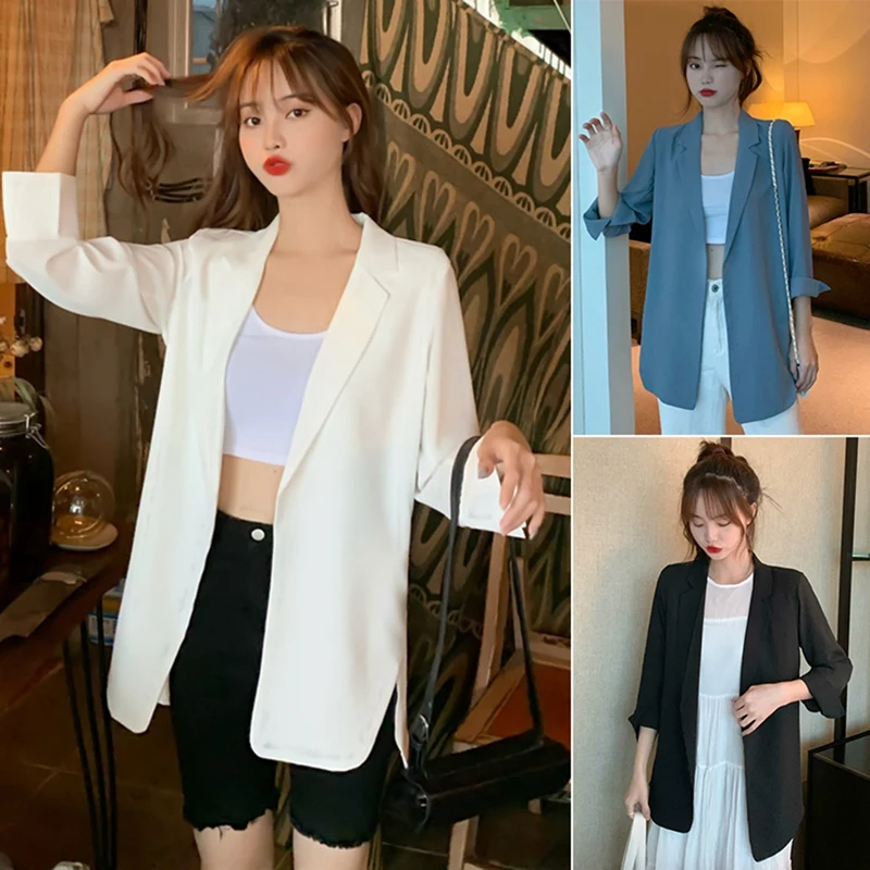 

Women Vintage Blazer Loose Casual Back Slit Solid Color Suit Coat Office Lady Elegant Korean Jacket
