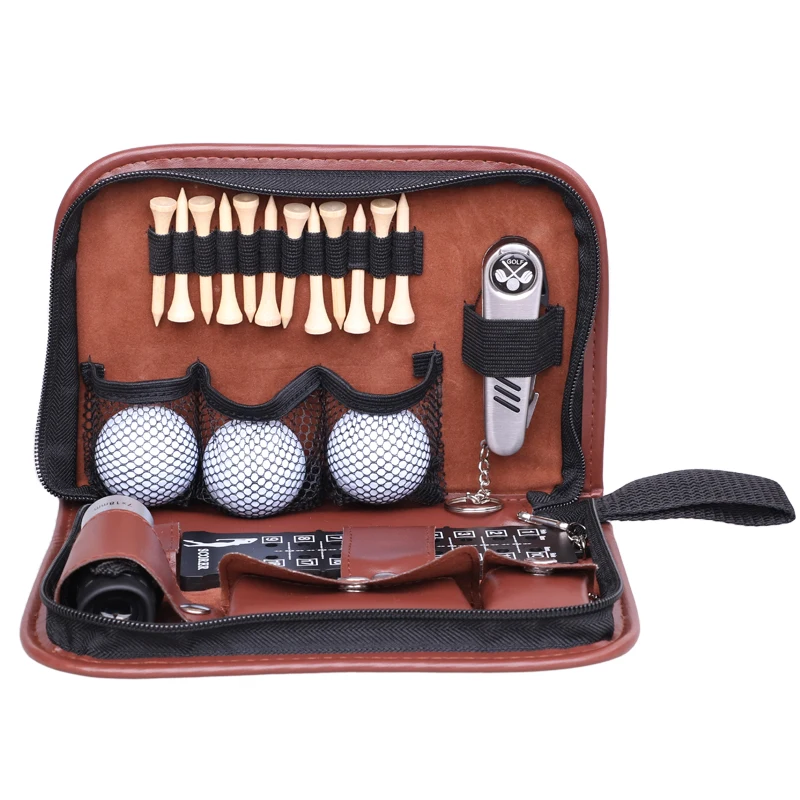 Gift Golf Accessories Set Toolbag For Golfer Gift Brown Set Tool Kit Tool Carrying Bag Range Finder Knife Brush