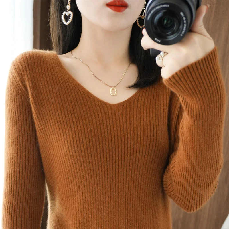 

V-Neck Wool Knitted Pullover Autumn And Winter New Solid Korean Women's Long Sleeve Fashion Versatile Slim Fit Knitted Sweater