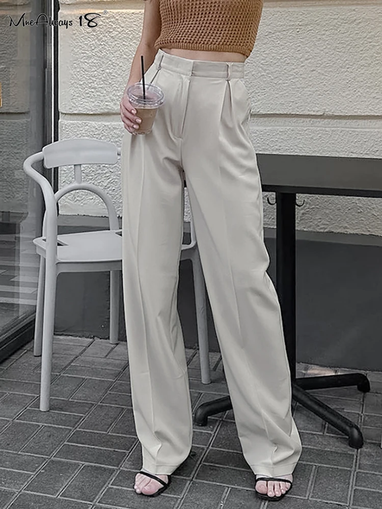 

Mnealways18 Khaki High Waist Pants Women Causal Pleated Wide Legs Solid Trousers Office Ladies Floor-Length Elegant Pants 2023