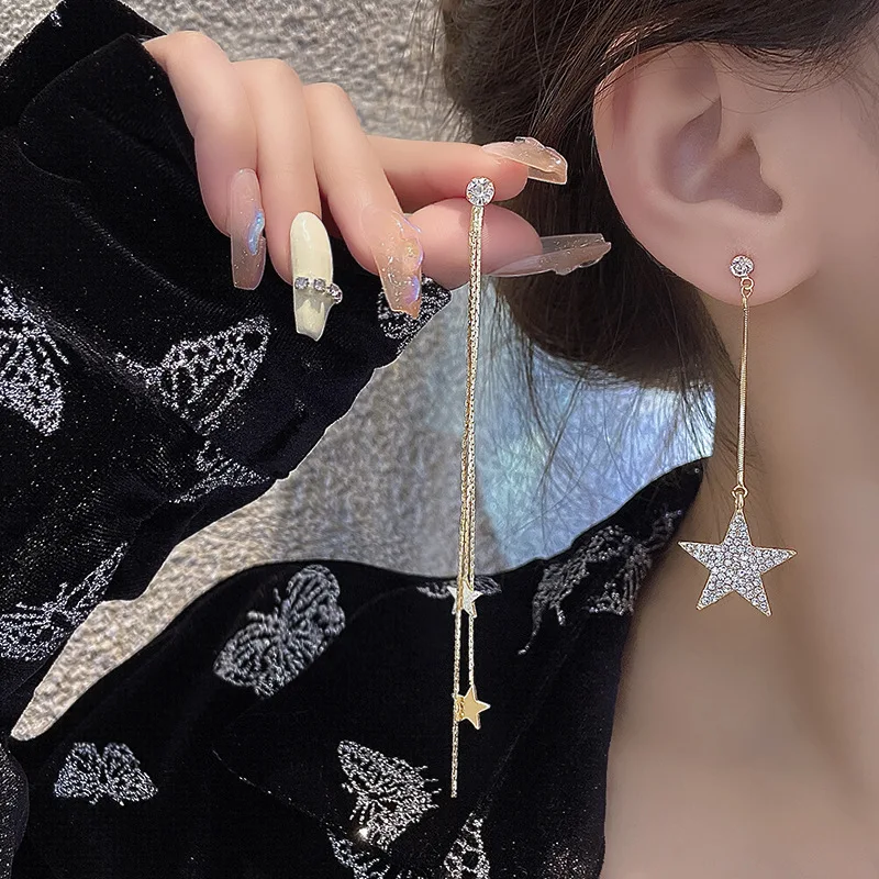

Fashion Crystal Star Asymmetrical Long Drop Earrings for Women Trendy Pearl AB Style Earring Gift Statement Party Jewelry 2022