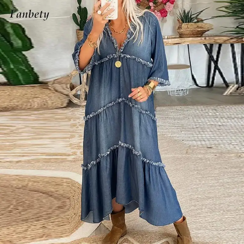 

Женское длинное джинсовое платье с V-образным вырезом и полурукавом