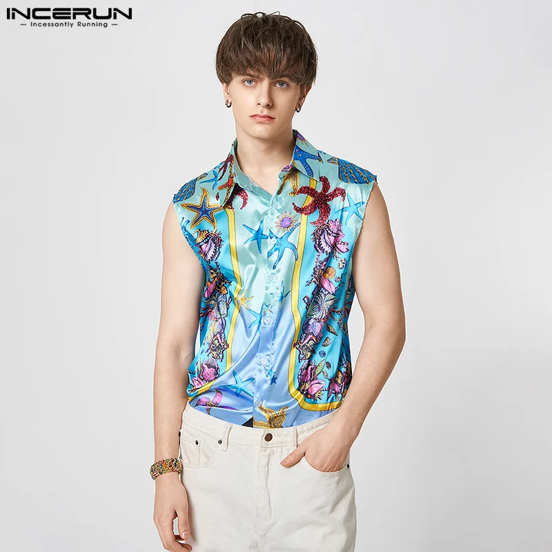 

INCERUN Tops 2023 American Style New Men Fashion Marine Printed Blouse Casual Vacation All-match Sleeveless Buttons Shirts S-5XL