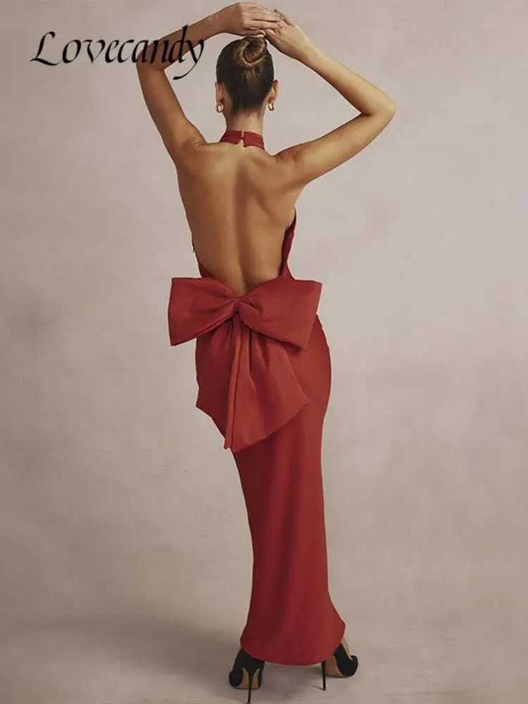 

Big Bowknot Backless Evening Dress Ladies Sexy Halter Sleeveless Slim Solid Clothes Ladies Fashion Christmas Party Club Dresses