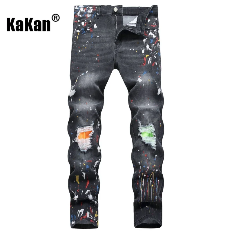 Kakan - New Distressed Painted Jeans for Men, Stretch Trend Personalized Slim Fit Small Feet Black Long Jeans K19-1150