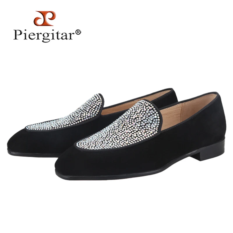 

Piergitar Handmade Black Suede Men Loafers With Austrian Real Crystals Luxury Brand GZ Style Slip-On Smoking Slippers Red Soles