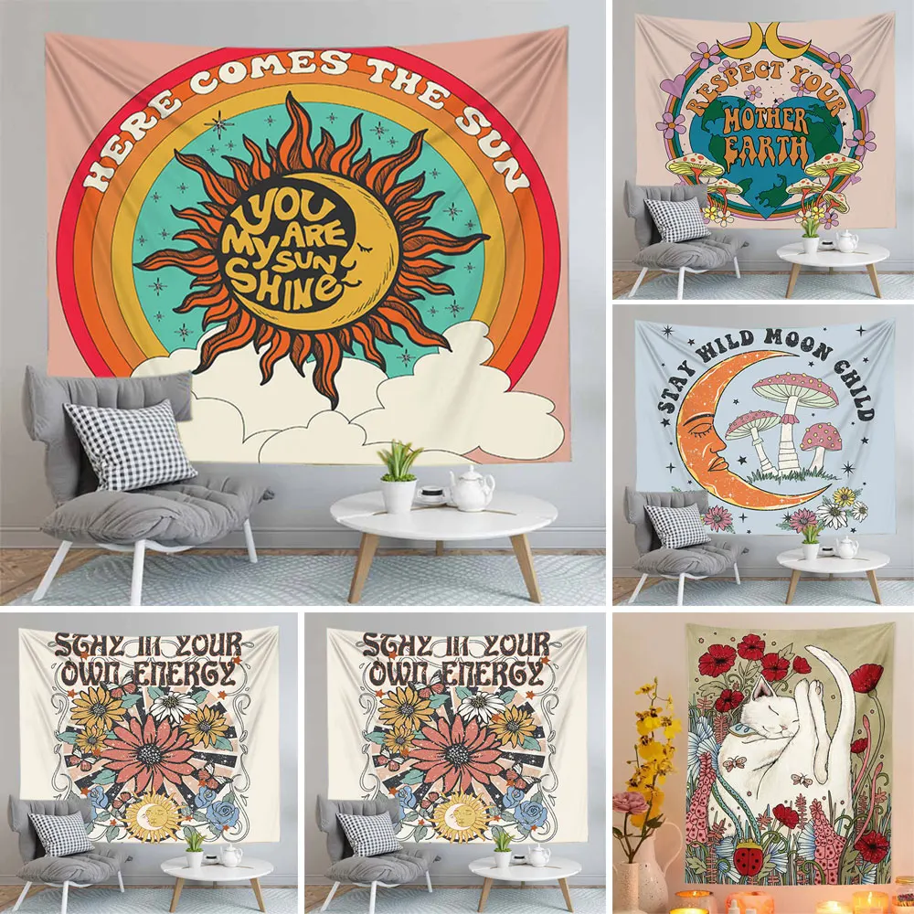 

The Sun And Moon Are In The Rainbow Flower Cat Tapestry Datura Hippie Room Decorations 3D Effect Fresh Style Suitable