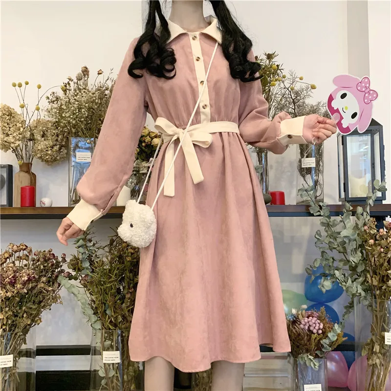 

New Women Dress Preppy Style Cute Student Pink Dress Female Long Sleeve Dress