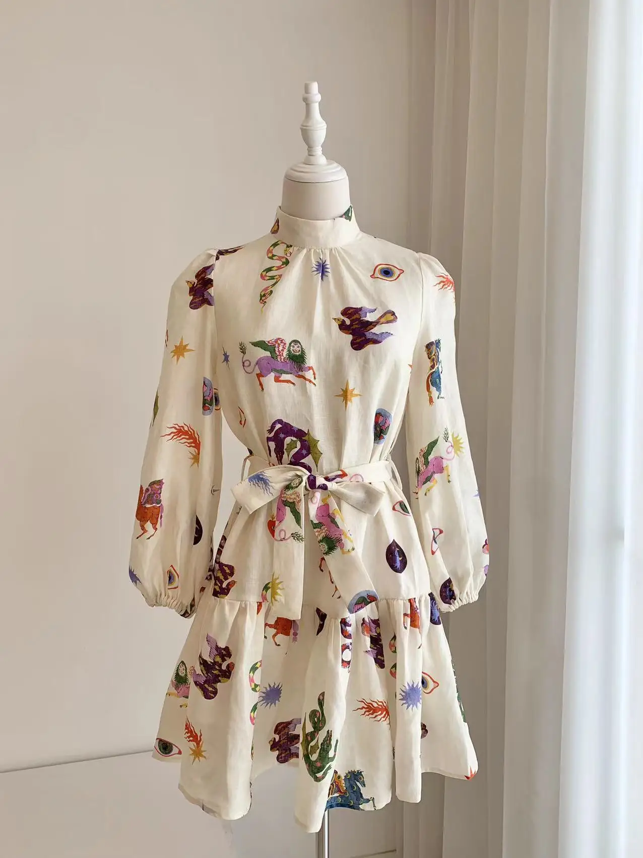 Women Mini Robe Printed Belt Lantern Sleeve Bohemian Dress