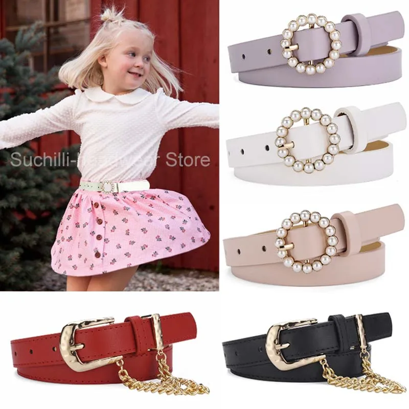 2023 Children Belt Kids Pearl Buckle PU Leather Belts For Girls Solid Color Waist Belt Dress Jean Pants Simple Waistband