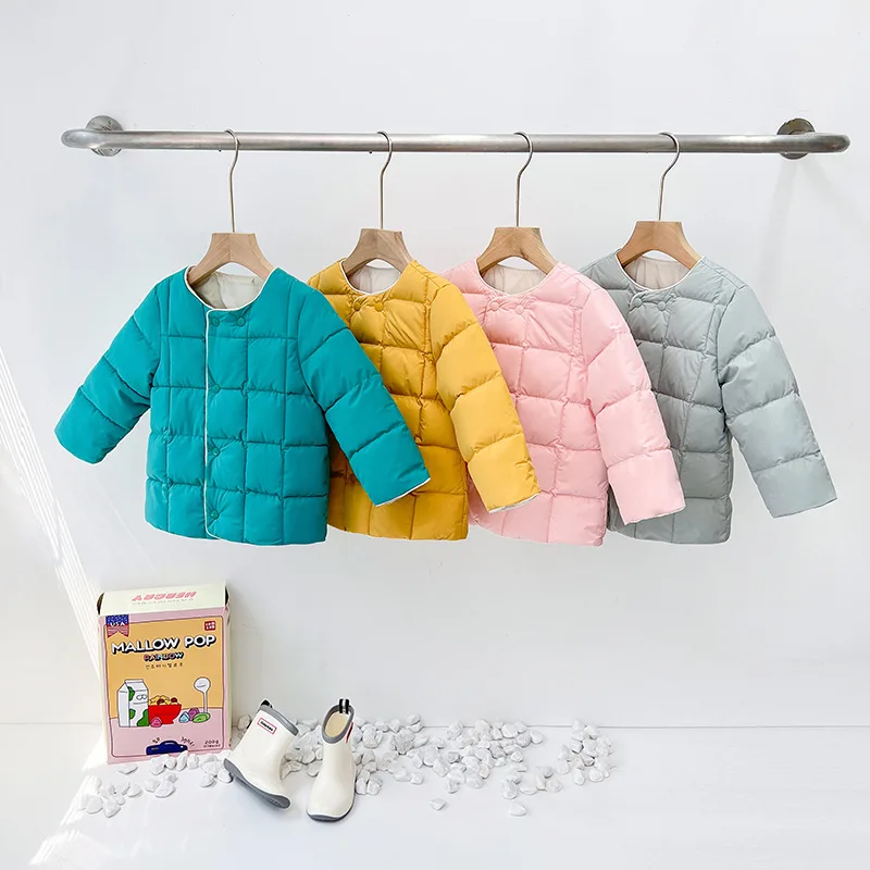 

Новый детский однотонный пуховик в Корейском стиле из хлопка, простая теплая куртка для мальчиков и девочек, зимняя утепленная Детская куртка