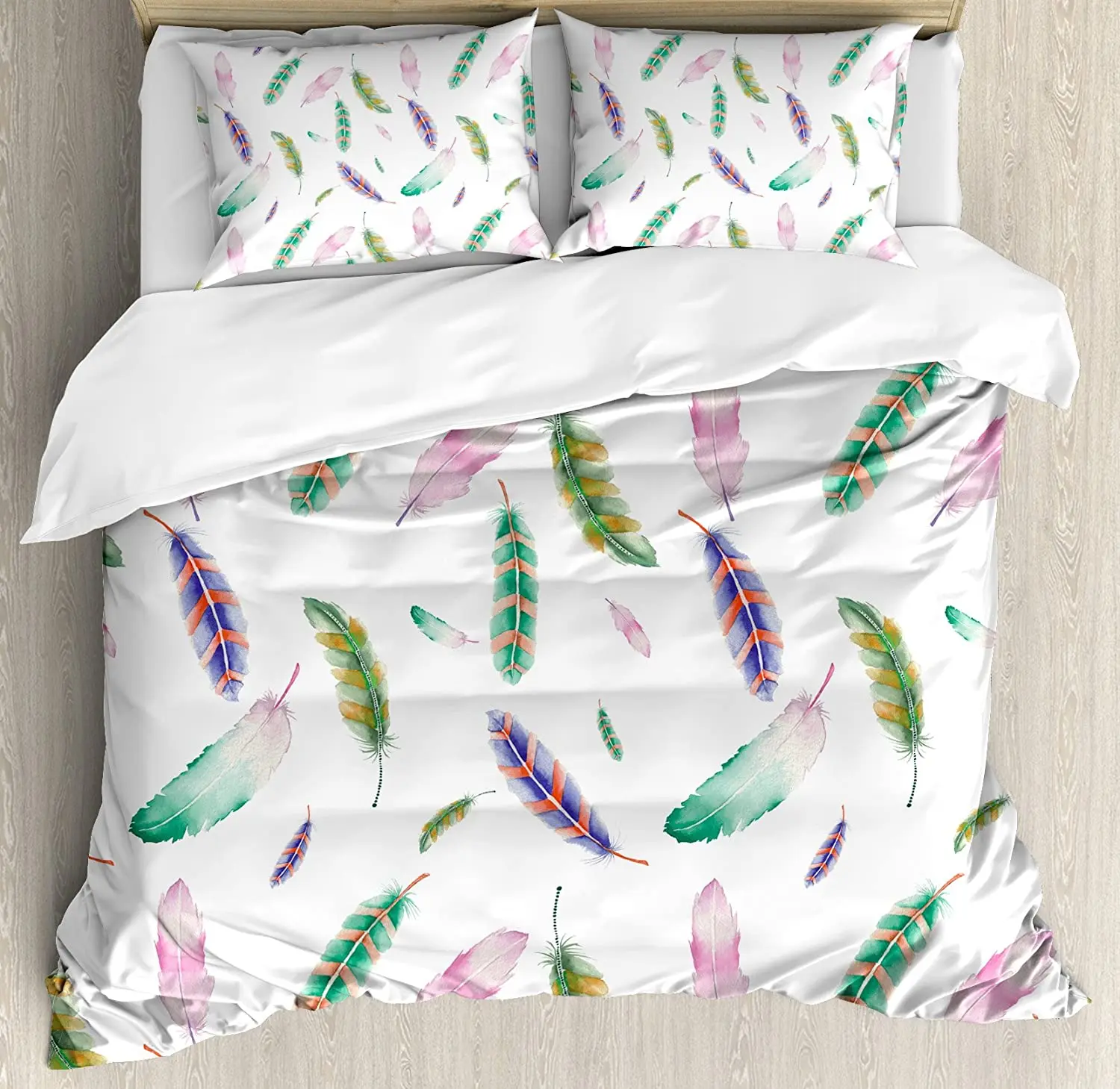 

Комплект постельного белья с перьями, мягкий набор акварельных принадлежностей, с рисунком птичьих перьев, мяты, пододеяльник и наволочка