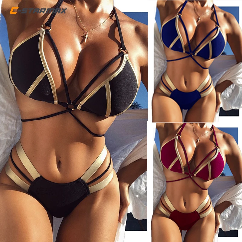 Sexy Black Bandage Swimsuit   Brazilian Bikini Push Up Swimwear Women Micro Bikinis Plus Size Beachwear Shiny Gold BeachWear