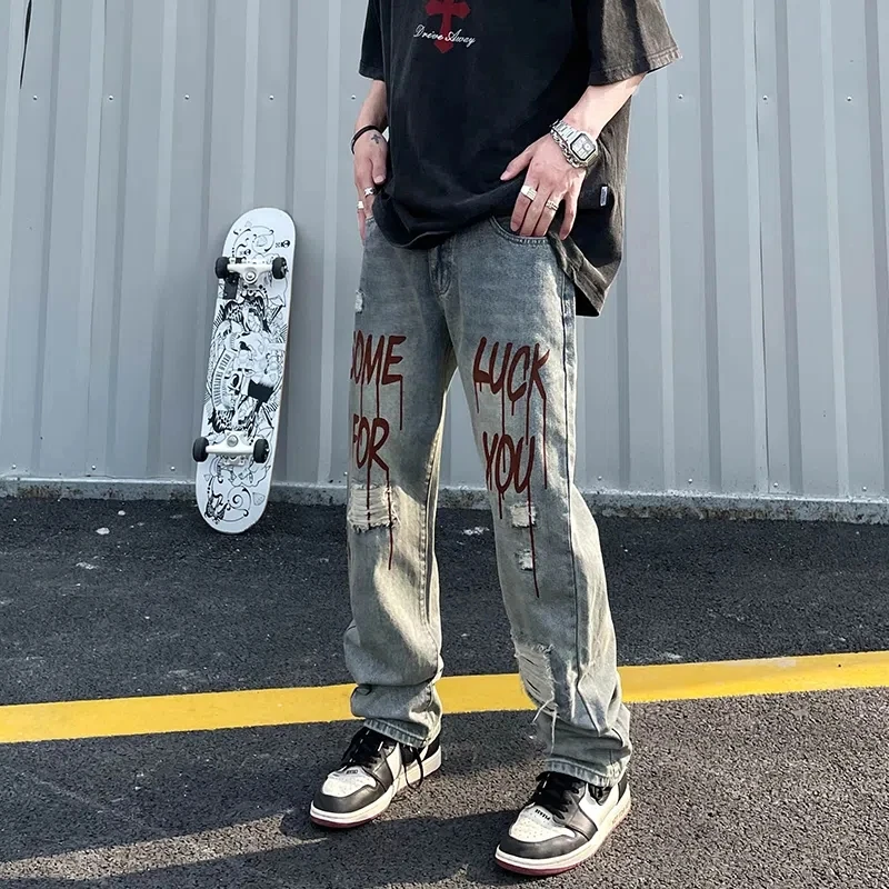 European American High Street Letters Embroidery Oversized Jeans On The Back Of Men'S Loose Straight-Leg Ripped Trousers Unisex