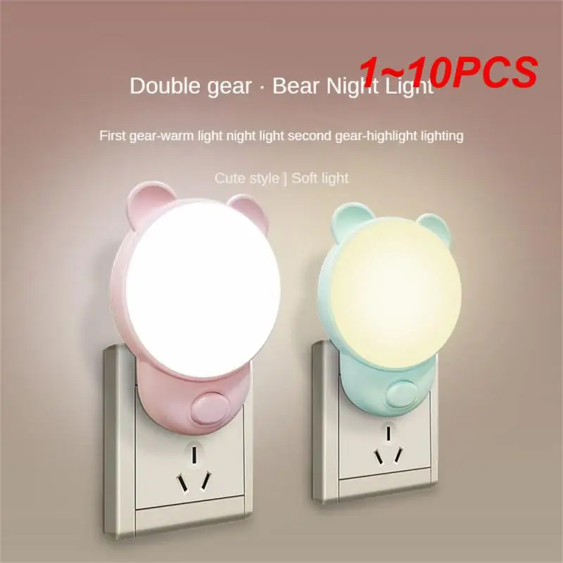 

1~10PCS Bear LED Night Lamp Two-Color Warm Light White Light Baby Sleeping Light EU Pulg-in Socket Bedside Wall Lamps for Kid
