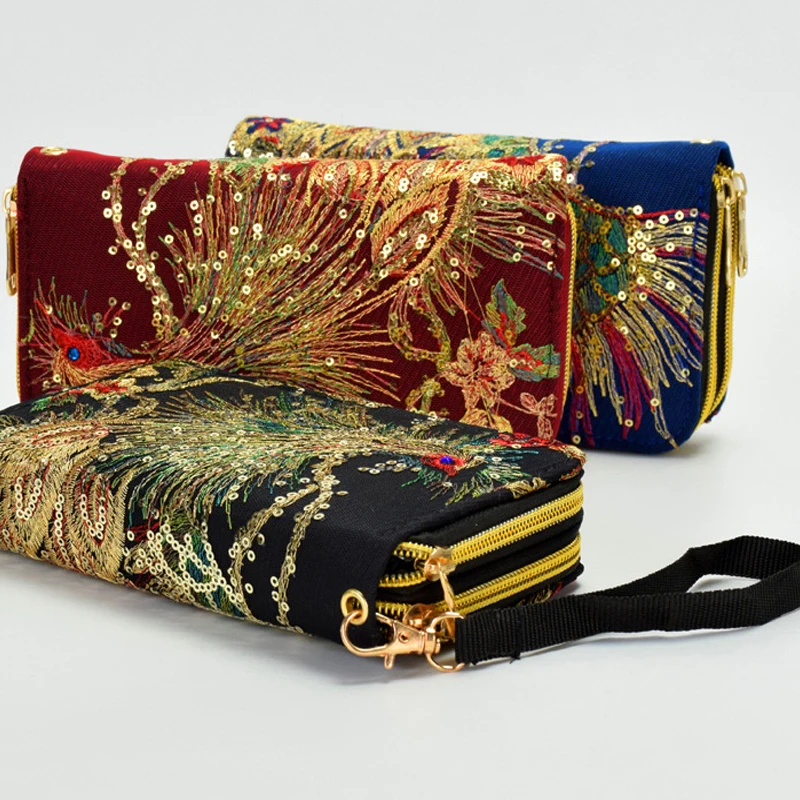 

Embroidery Peacock Long Women Wallets Double Zipper Long Purse Canvas Coin Pocket Bank Credit Card Holder Ladies Clutch Bags