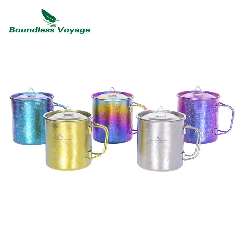 

Boundless Voyage Colourful Titanium Cup 450ml Folding Handle Beer Tea Mug with Lid Outdoor Camping Coffee Cup Teacup 15oz