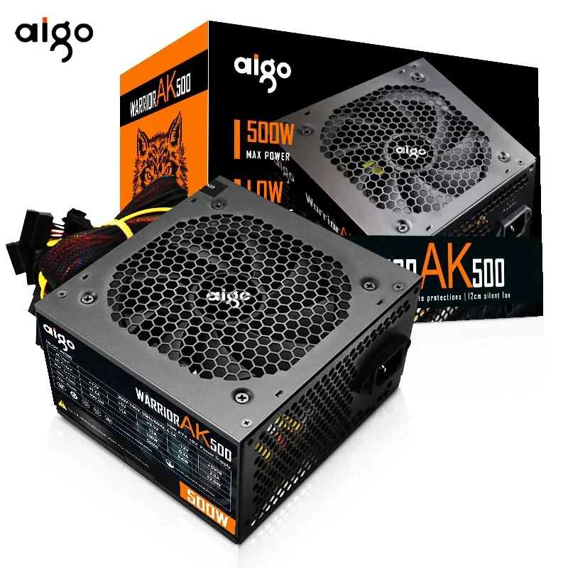 Блок питания Aigo AK для ПК, 500 Вт, черный тихий блок питания для игр, 120 мм, RGB вентилятор, 24 контакта, 12 В, ATX, блок питания для настольного компьютера, для BTC
