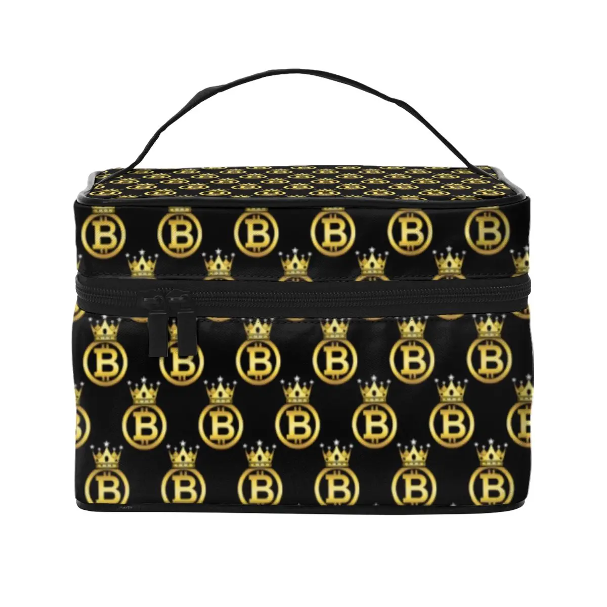 

Gold Crown Bitcoin Cosmetic Bags Cryptocurrency Coin Women Storage Organizers with Handle Home Organization Makeup Bag