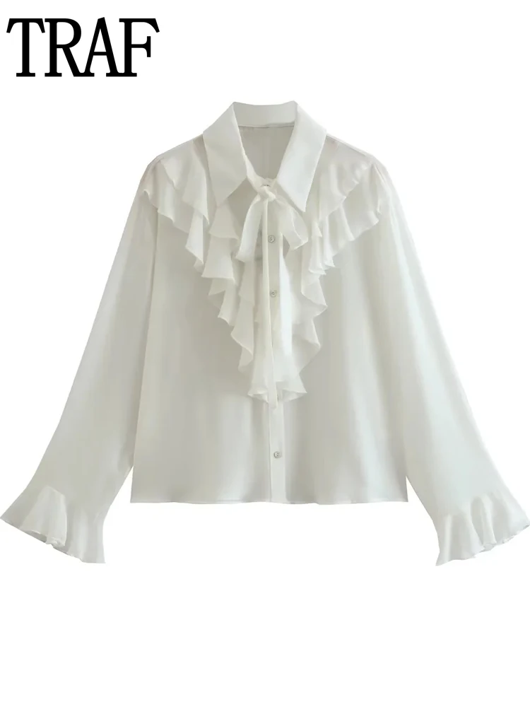 

Блузка женская шифоновая на пуговицах, с длинным рукавом и рюшами