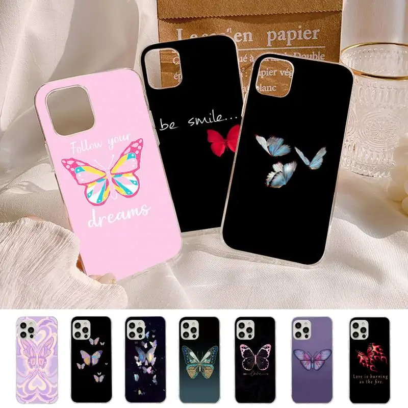

MaiYaCa Beauty Pink Butterfly Phone Case for iPhone 11 12 13 Mini Pro Max 8 7 6 6S Plus X 5 SE 2020 XR XS Case shell