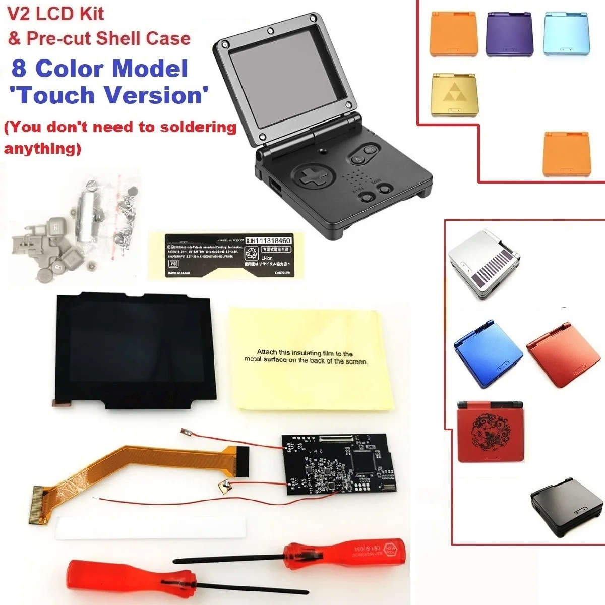 

Сенсорная версия GameBoy LCD 8 цветов модели V2 iPS ЖК-дисплей с подсветкой для Game Boy Advance SP для консоли GBA SP и нарезанной оболочки Чехол