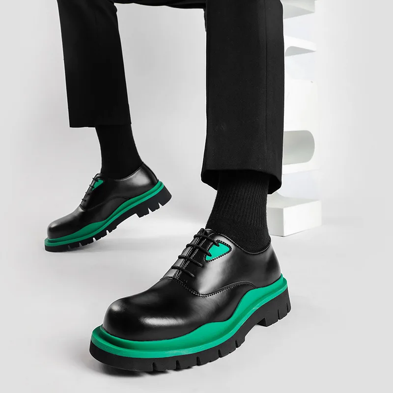 

Green Leather Shoe for Men Thick Sole Casual Leather Shoes Man Japan Harajuku Korean Streetwear Fashion Leather Shoe