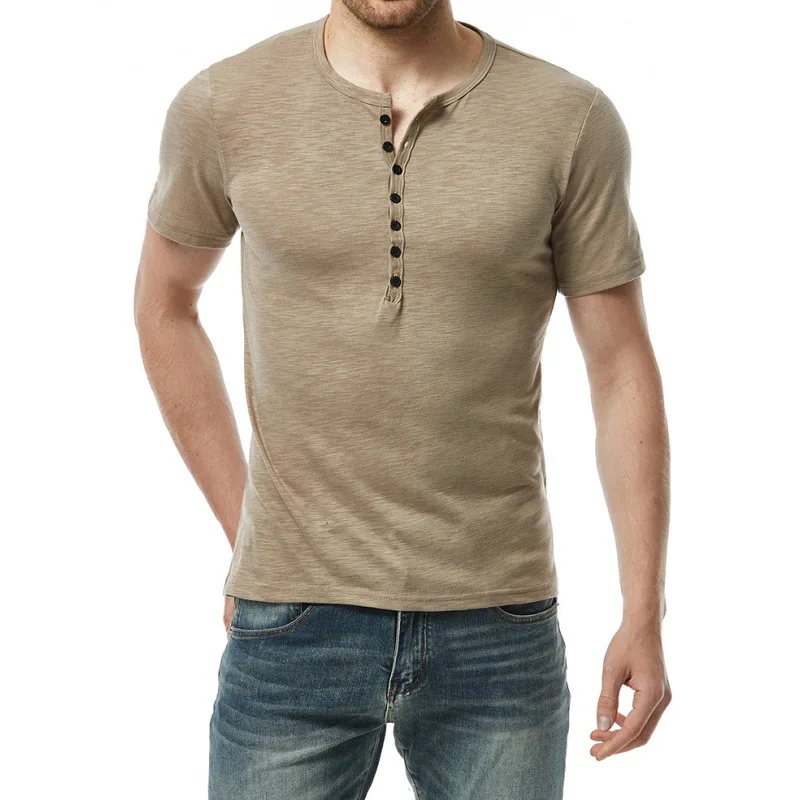 

Euro Size Man casual short sleeved cotton Tees 2023 summer new men's Slim Fit Fashion trend V-neck White Khaki T-Shirts