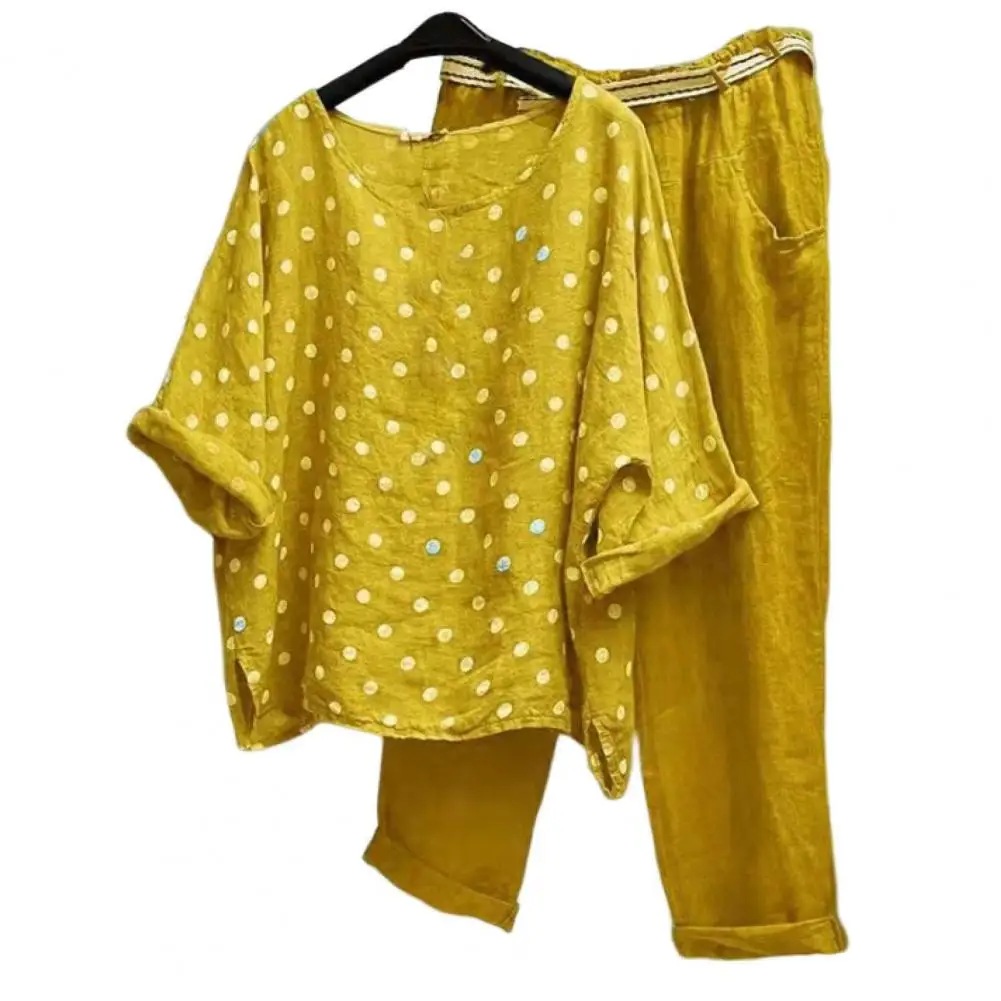 

1 Set Blouse Pants Dot Print Half Sleeve O-Neck Round Neck Super Loose Summer T-shirt Capri Trousers 2Piece Set Summer Outfits