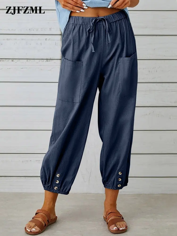 

Повседневные женские брюки из хлопка и льна на завязках с эластичной талией, модные брюки до середины икры с двойными карманами спереди и пуговицами на подоле