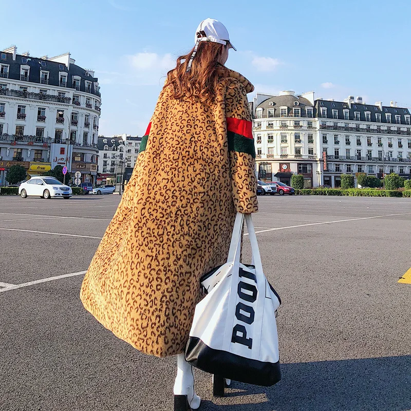 Winter Women's Faux Fur Coat Oversized Super Hot Coats Parkas Thickened Long Faux-fur Jacket Leopard Print Loose New