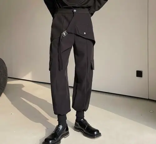 

Men Fashion Punk Gothic Buckle Strap Loose Black Jogger Pants Cargo Trousers