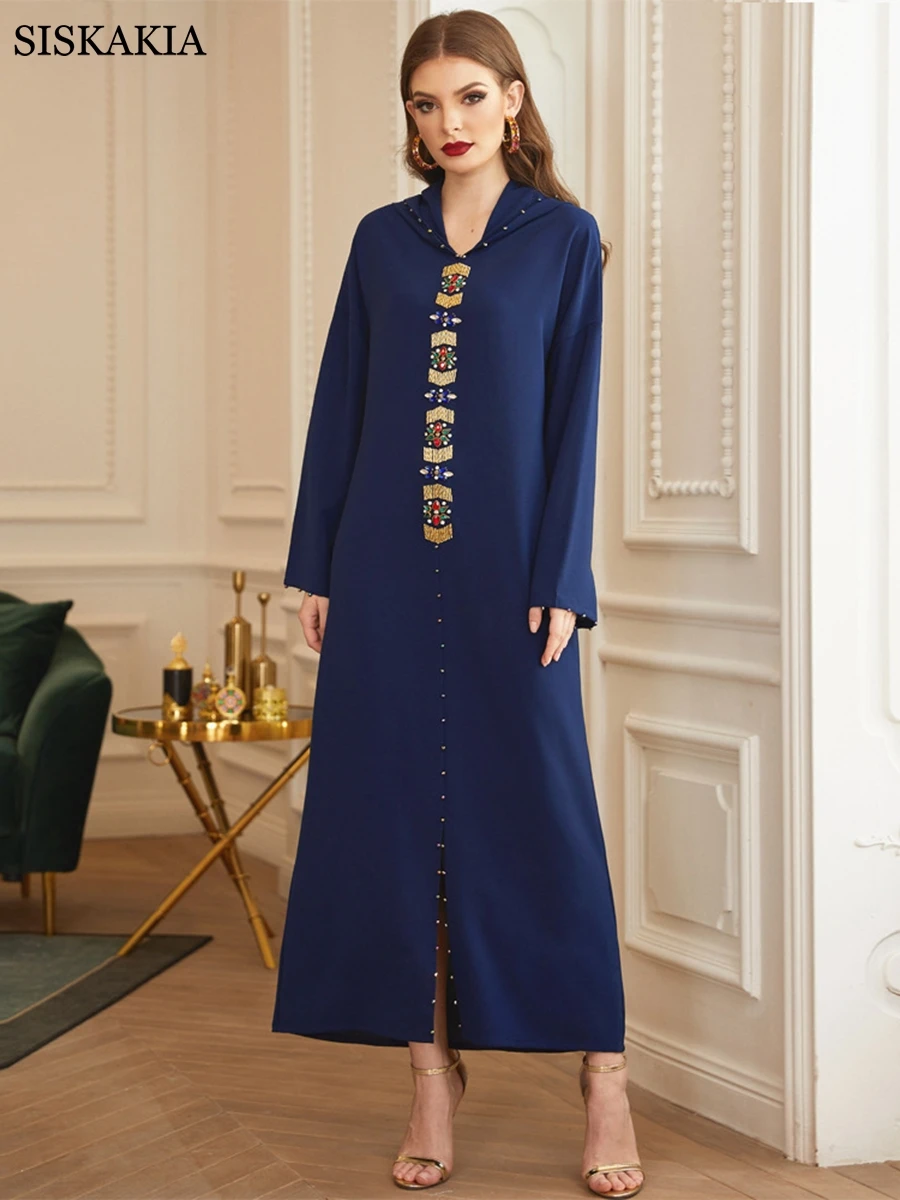 

Women Elegant Hooded Dress Diamond Long Sleeve Muslim Abaya Dubai Moroccan Kaftan Turkey Arabic Casual Summer Ladies Dresses
