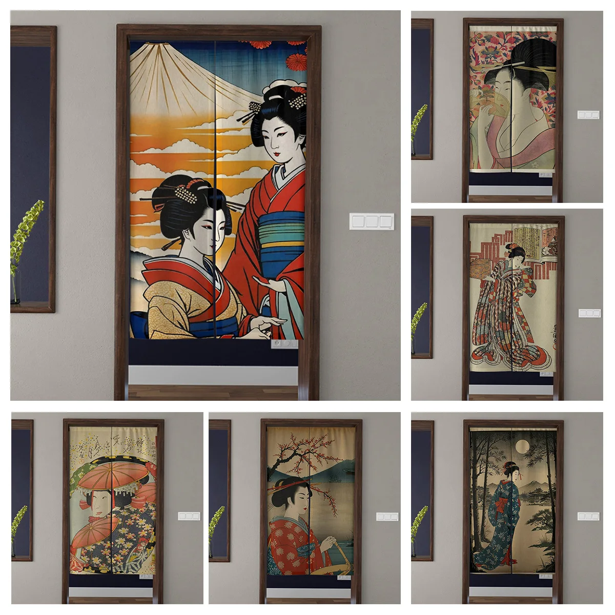 Японская дверная занавеска в стиле укиё-э — гейша с зонтиком цветочными узорами